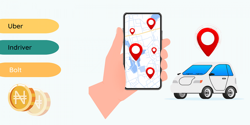 A mobile phone showing a map and a car illustrating the cost of building a ride-hailing app