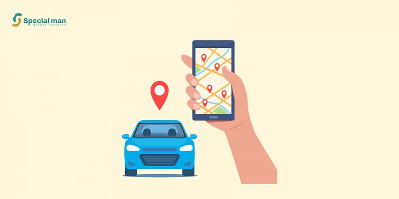 A car and a mobile phone displaying a map and illustrating the cost of building a ride-hailing app